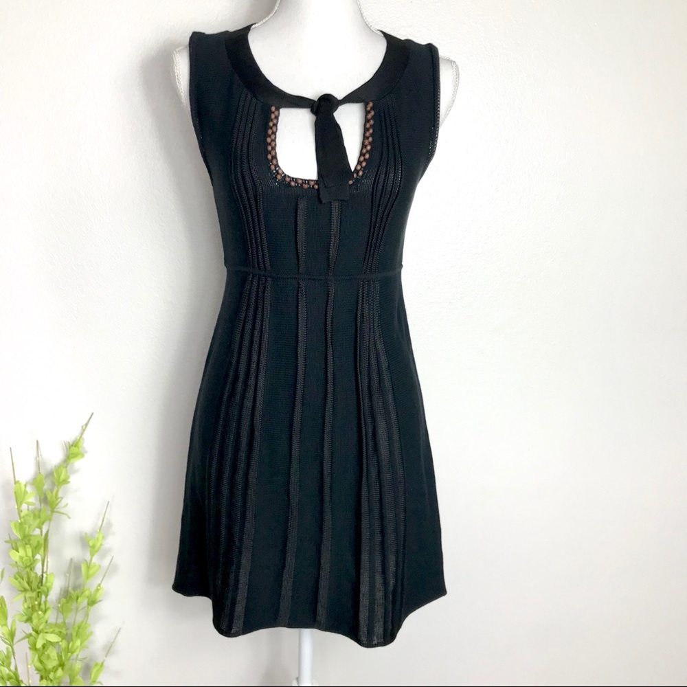 Nanette Lepore Black Sleeveless Knit Mini Dress with Tie Neck